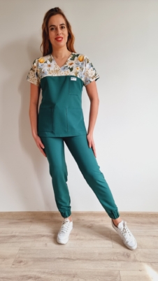 Komplet medyczny damski SCRUBS Bluza wiosenny rozkwit + Jogger kolor DARK GREEN BASIC EFIMED