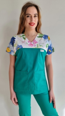 Bluza medyczna damska wstawka kwiaty letnie kolor zielony SNC EFIMED