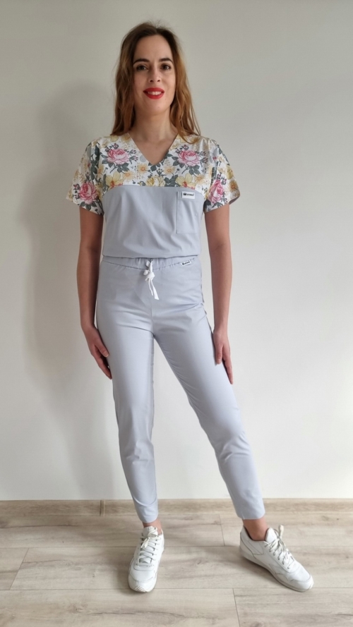 Bluza medyczna damska wstawka szare kwiaty kolor Gołąbkowy SNC EFIMED