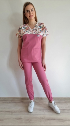 Komplet medyczny damski SCRUBS Bluza koliberki 3D + Jogger kolor DUSTY ROSE BASIC EFIMED