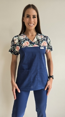 Bluza medyczna damska wstawka kwiaty malowane ciemne kolor granat PREMIUM nitka węglowa EFIMED