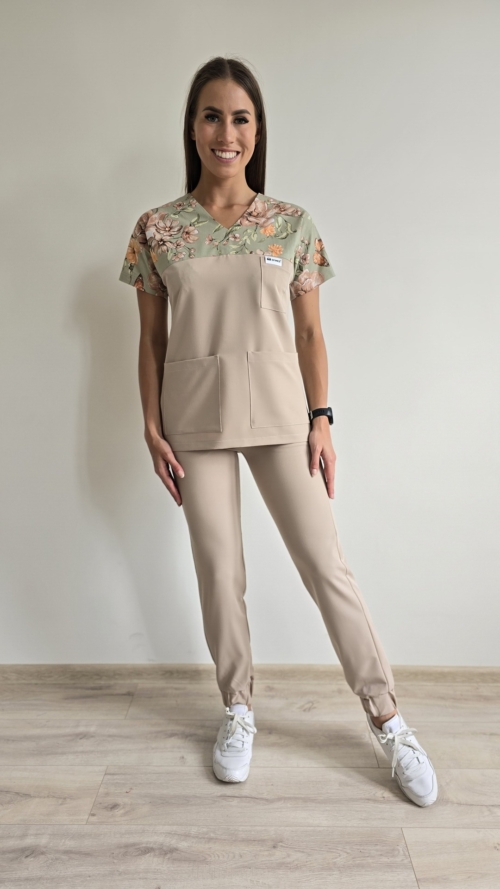 Bluza medyczna damska wstawka kwiaty brązowe kolor NUDE BASIC EFIMED