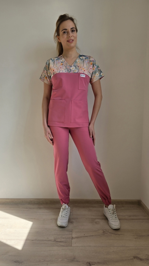 Bluza medyczna damska wstawka stokrotki kolor DUSTY ROSE BASIC EFIMED