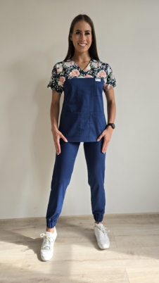 Komplet medyczny damski SCRUBS Bluza kwiaty malowane ciemne + Jogger kolor PREMIUM GRANAT NITKA WĘGLOWA EFIMED