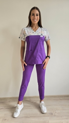 Komplet medyczny damski SCRUBS Bluza białe kwiaty + cygaretki kolor DARK LILAC SNC EFIMED