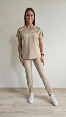Komplet medyczny damski SCRUBS Bluza kwiaty brązowe + Jogger kolor NUDE BASIC EFIMED