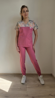 Komplet medyczny damski SCRUBS Bluza stokrotki + Jogger kolor DUSTY ROSE BASIC EFIMED