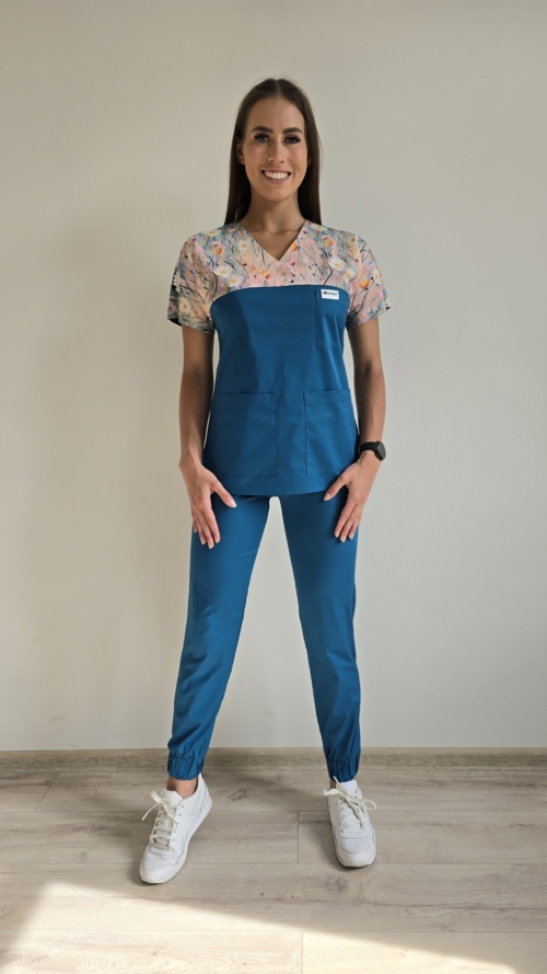 Komplet medyczny damski SCRUBS Bluza stokrotki + Jogger kolor morski SNC EFIMED