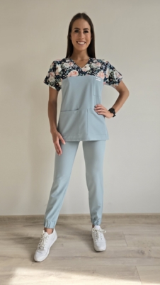 Komplet medyczny damski SCRUBS Bluza kwiaty malowane ciemne + Jogger kolor COLD MINT BASIC EFIMED