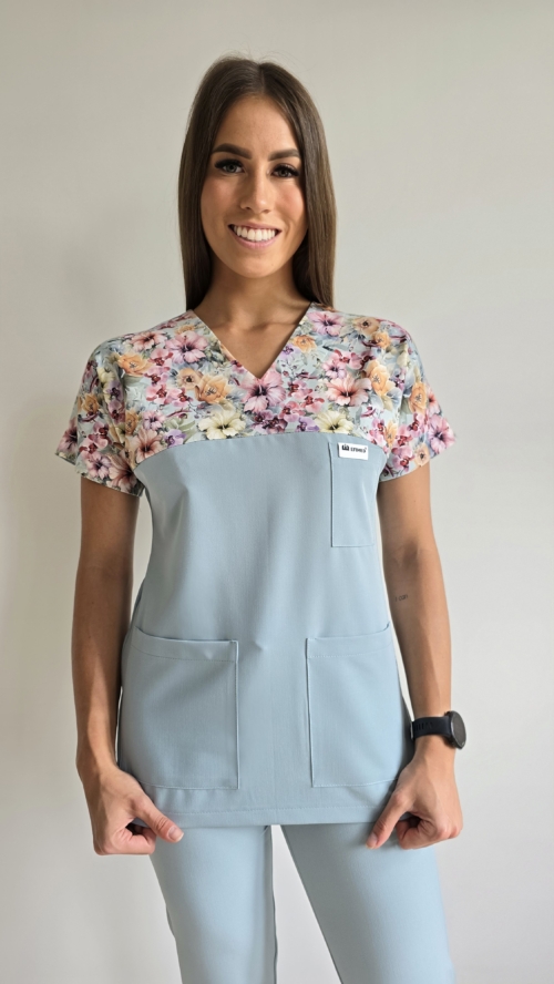 Bluza medyczna damska wstawka kwiaty kolorowe kolor COLD MINT BASIC EFIMED