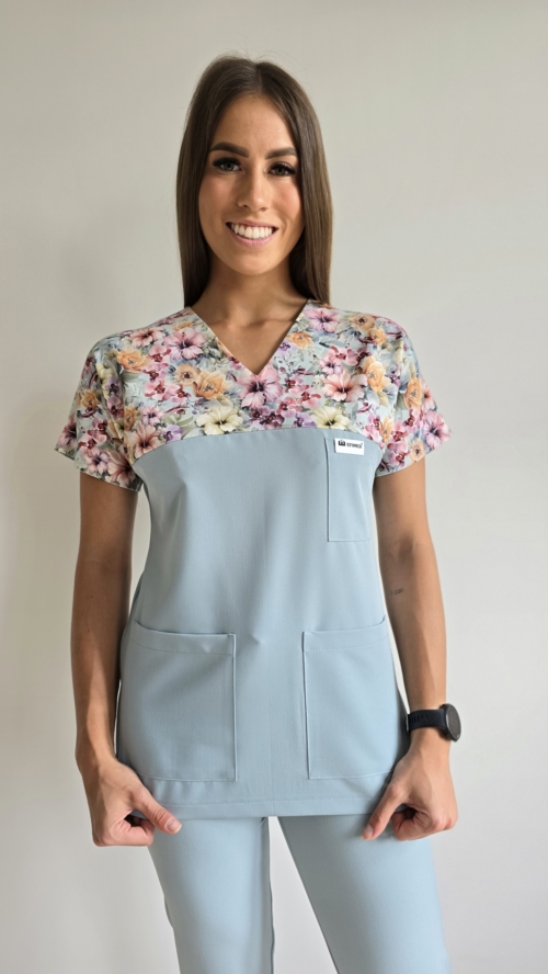 Bluza medyczna damska wstawka kwiaty kolorowe kolor COLD MINT BASIC EFIMED