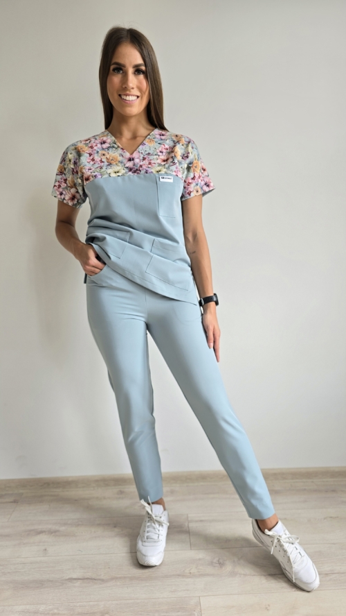 Komplet medyczny damski SCRUBS Bluza kwiaty kolorowe + cygaretki z kieszeniami kolor COLD MINT BASIC EFIMED