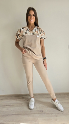 Komplet medyczny damski SCRUBS Bluza Misie Brązowe + cygaretki z kieszeniami kolor NUDE BASIC EFIMED
