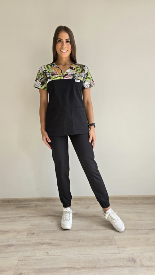 Komplet medyczny damski SCRUBS Bluza Tygrysy + Jogger kolor CZARNY SNC EFIMED