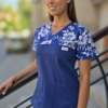 Bluza medyczna damska wstawka KWIATY NIEBIESKIE kolor NAVY BLUE EFIMED