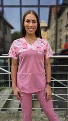 Bluza medyczna damska wstawka róże kolor DUSTY ROSE BASIC EFIMED