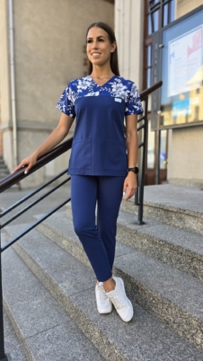 Komplet medyczny damski SCRUBS Bluza wstawka KWIATY NIEBIESKIE + cygaretki z kieszeniami kolor NAVY BLUE BASIC EFIMED