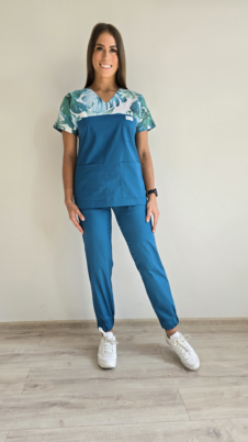 Komplet medyczny damski SCRUBS Bluza liście + jogger kolor morski SNC EFIMED