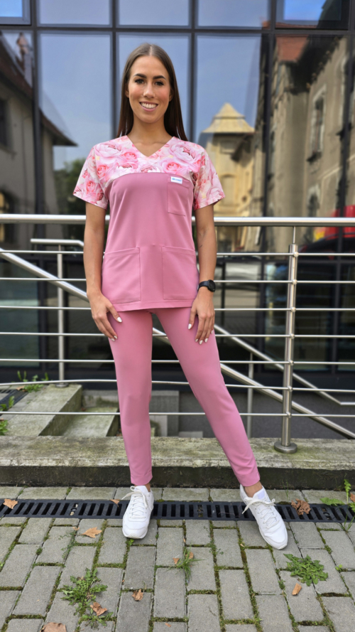 Komplet medyczny damski SCRUBS Bluza róże + cygaretki kolor DUSTY ROSE BASIC EFIMED