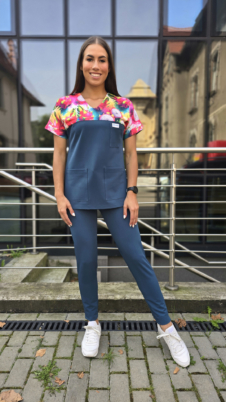 Komplet medyczny damski SCRUBS Bluza tropiki + cygaretki kolor DARK MARINE BASIC EFIME