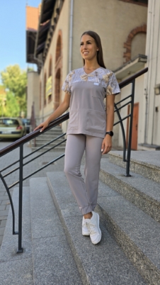 Komplet medyczny damski SCRUBS Bluza wstawka liście szare + Jogger kolor FOG GREY BASIC EFIMED BASIC EFIMED