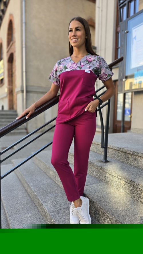Komplet medyczny damski SCRUBS Bluza wstawka MAGNOLIE + cygaretki z kieszeniami kolor VIVA MAGENTA BASIC EFIMED