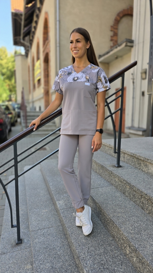 Komplet medyczny damski SCRUBS Bluza wstawka maki popiel + Jogger kolor FOG GREY BASIC EFIMED BASIC EFIMED