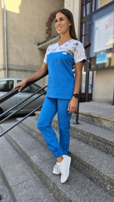 Komplet medyczny damski SCRUBS Bluza wstawka różyczki +Jogger kolor turkusowy SNC EFIMED