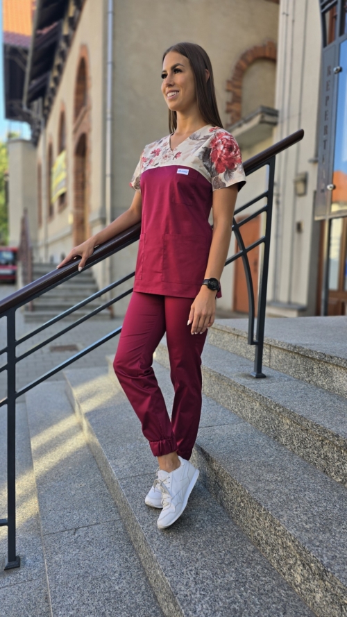 Komplet medyczny damski SCRUBS Bluza piwonie + Jogger kolor BORDO SNC EFIMED