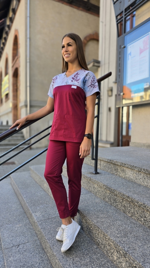 Komplet medyczny damski SCRUBS Bluza liście jesienne szare + cygaretki z kieszeniami kolor BORDO SNC EFIMED
