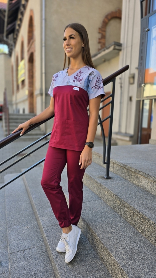 Komplet medyczny damski SCRUBS Bluza liście jesienne szare + Jogger kolor BORDO SNC EFIMED