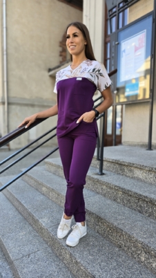 Komplet medyczny damski SCRUBS Bluza liście jesienne ecri + Jogger kolor PURPLE VIOLET BASIC EFIMED