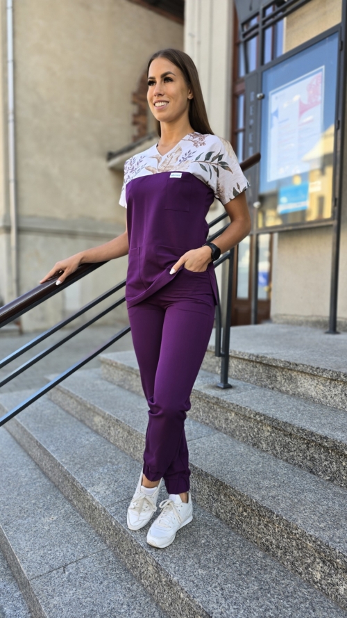 Komplet medyczny damski SCRUBS Bluza liście jesienne ecri + Jogger kolor PURPLE VIOLET BASIC EFIMED