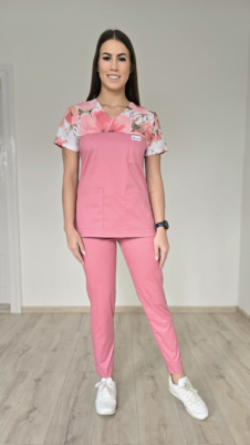 Komplet medyczny damski SCRUBS Bluza kwiaty malowane różowe + cygaretki z kieszeniami kolor różowy SNC EFIMED
