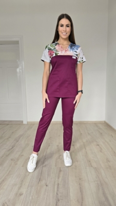 Komplet medyczny damski SCRUBS Bluza kwiaty kolorowe + cygaretki z kieszeniami kolor bakłażan SNC EFIMED