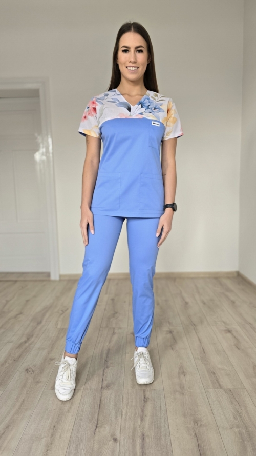 Komplet medyczny damski SCRUBS Bluza kwiaty wiosenne + Jogger kolor błękit królewski SNC EFIMED