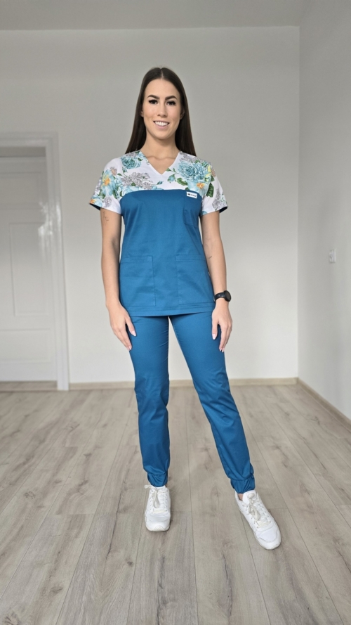 Komplet medyczny damski SCRUBS Bluza wstawka miętowe róże + Jogger kolor morski SNC EFIMED