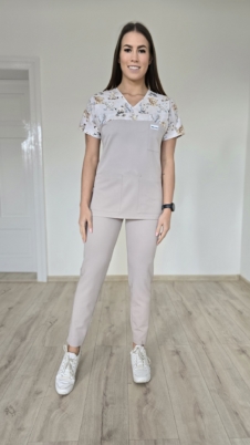 Komplet medyczny damski SCRUBS Bluza wstawka Misie Pluszowe + cygaretki z kieszeniami kolor mokka PRO EFIMED