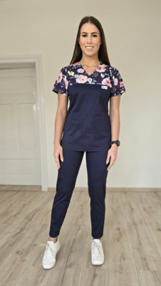 Komplet medyczny damski SCRUBS Bluza róże granatowe + cygaretki z kieszeniami kolor granat SNC EFIMED