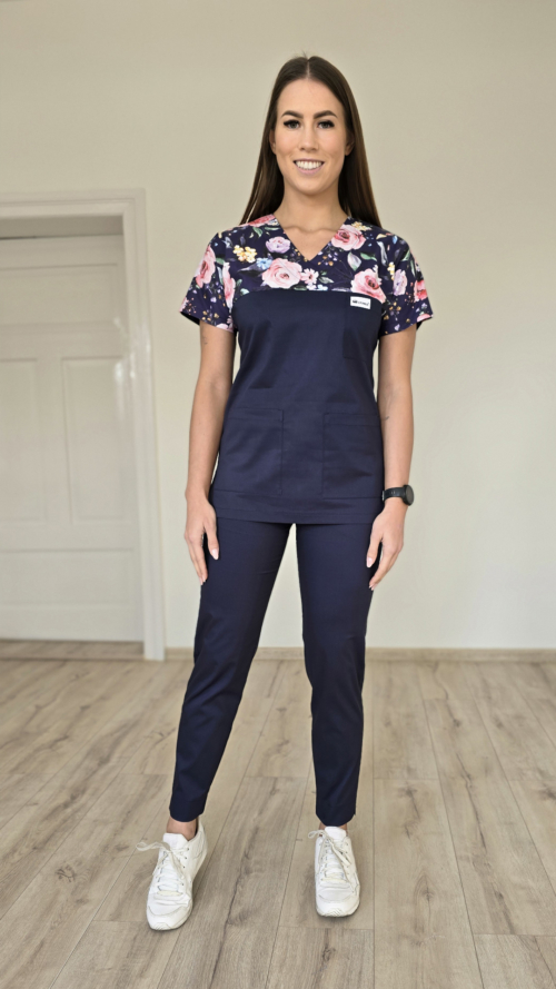 Komplet medyczny damski SCRUBS Bluza róże granatowe + cygaretki z kieszeniami kolor granat SNC EFIMED