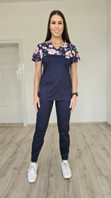 Komplet medyczny damski SCRUBS Bluza róże granatowe + Jogger kolor granat SNC EFIMED