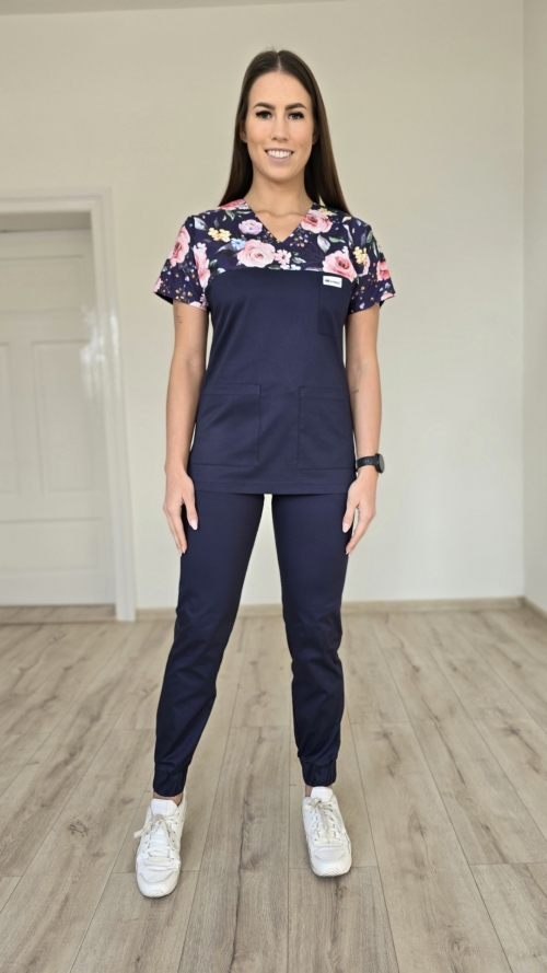 Komplet medyczny damski SCRUBS Bluza róże granatowe + Jogger kolor granat SNC EFIMED