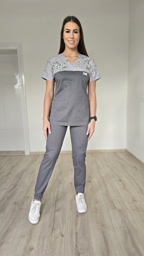 Komplet medyczny damski SCRUBS Bluza wstawka szara łączka + Jogger kolor grafit SNC EFIMED