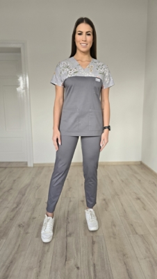 Komplet medyczny damski SCRUBS Bluza wstawka szara łączka + cygaretki z kieszeniami kolor grafit SNC EFIMED