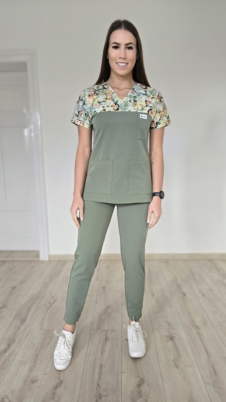 Komplet medyczny damski SCRUBS Bluza wstawka tygryski + cygaretki z kieszeniami kolor dark forest PRO EFIMED