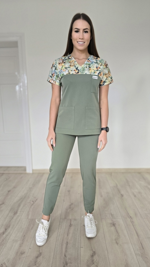 Komplet medyczny damski SCRUBS Bluza wstawka tygryski + cygaretki z kieszeniami kolor dark forest PRO EFIMED