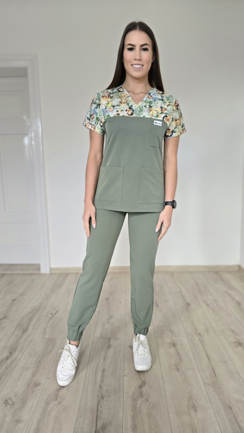 Komplet medyczny damski SCRUBS Bluza wstawka tygryski + Jogger kolor dark forest PRO EFIMED EFIMED