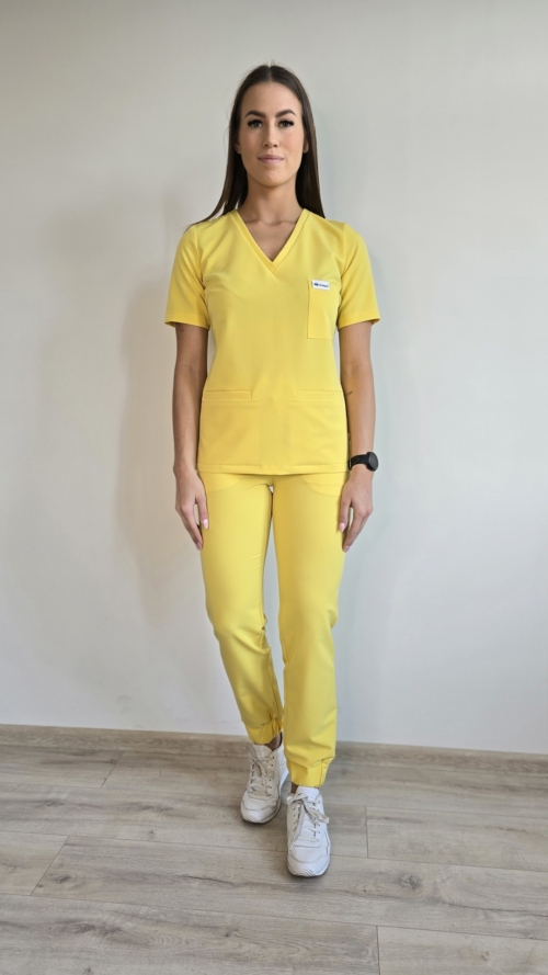 Komplet medyczny damski SCRUBS Bluza taliowana z wszytym rękawem + Jogger kolor LEMON YELLOW PRO EFIMED