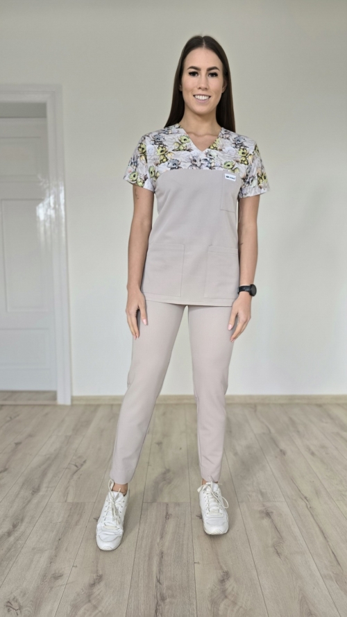Komplet medyczny damski SCRUBS Bluza wstawka Smoki + cygaretki z kieszeniami kolor mokka PRO EFIMED