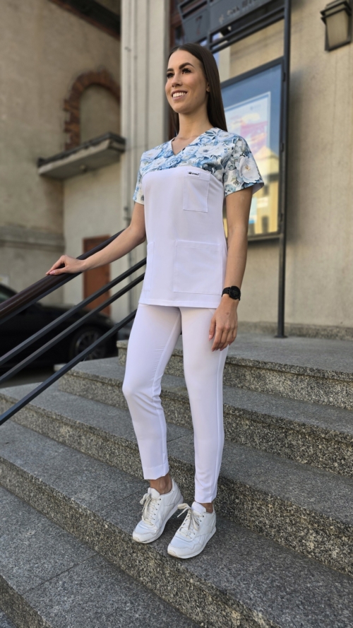 Bluza medyczna damska wstawka kwiaty niebieskie kolor WHITE BASIC EFIMED